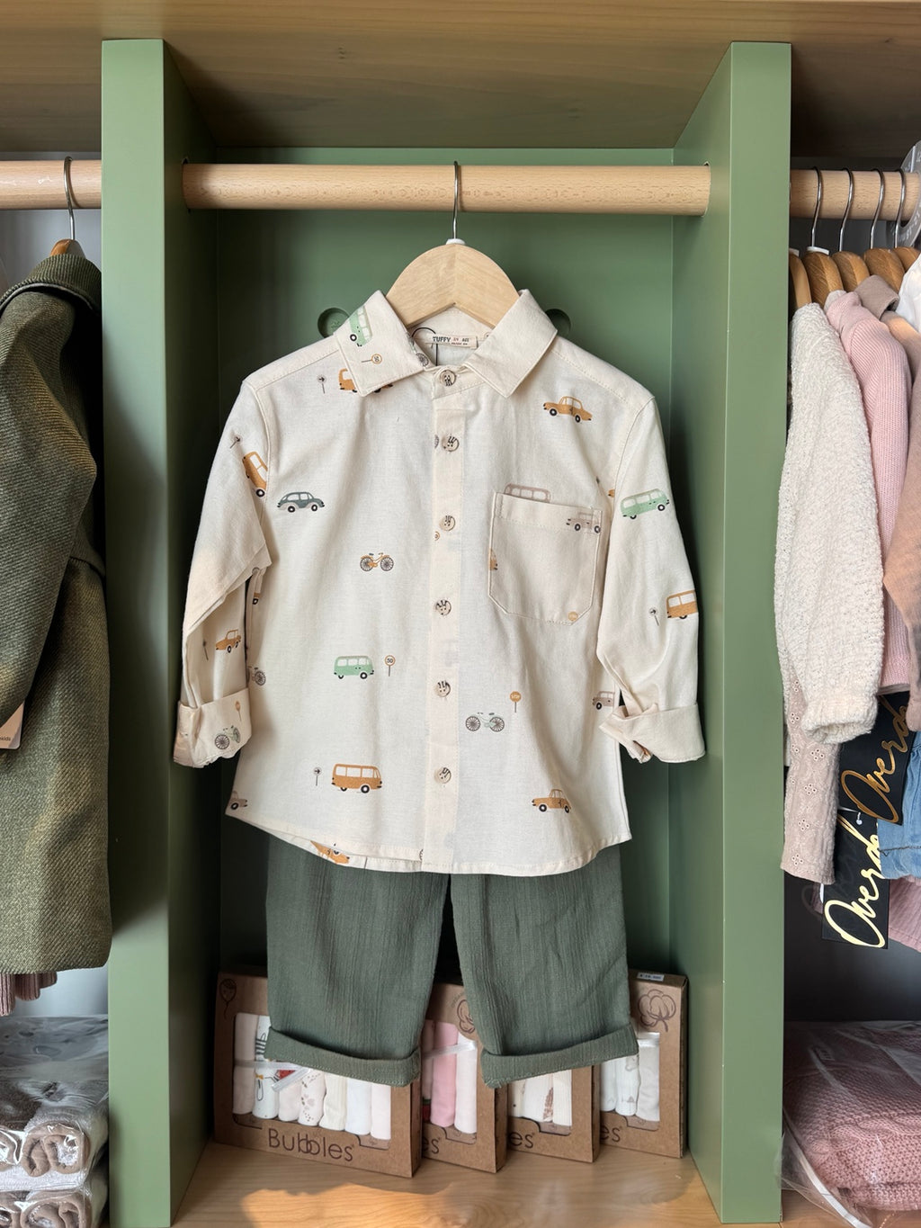 Boy 2pcs Olive Green Pant Car Shirt front