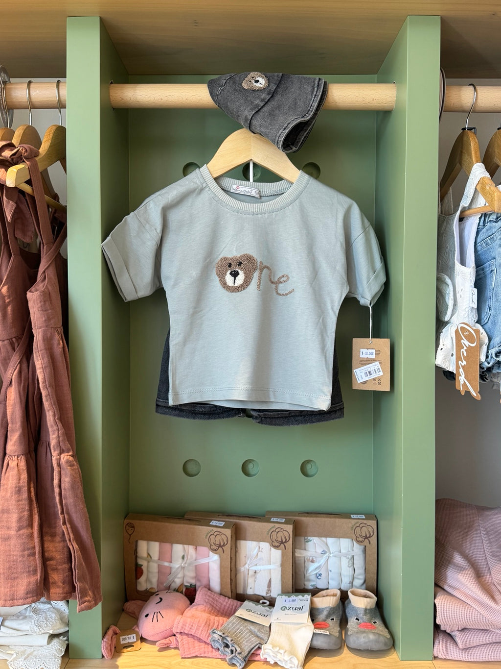 BabyBoy 2pcs Grey Denim Short + Hat front