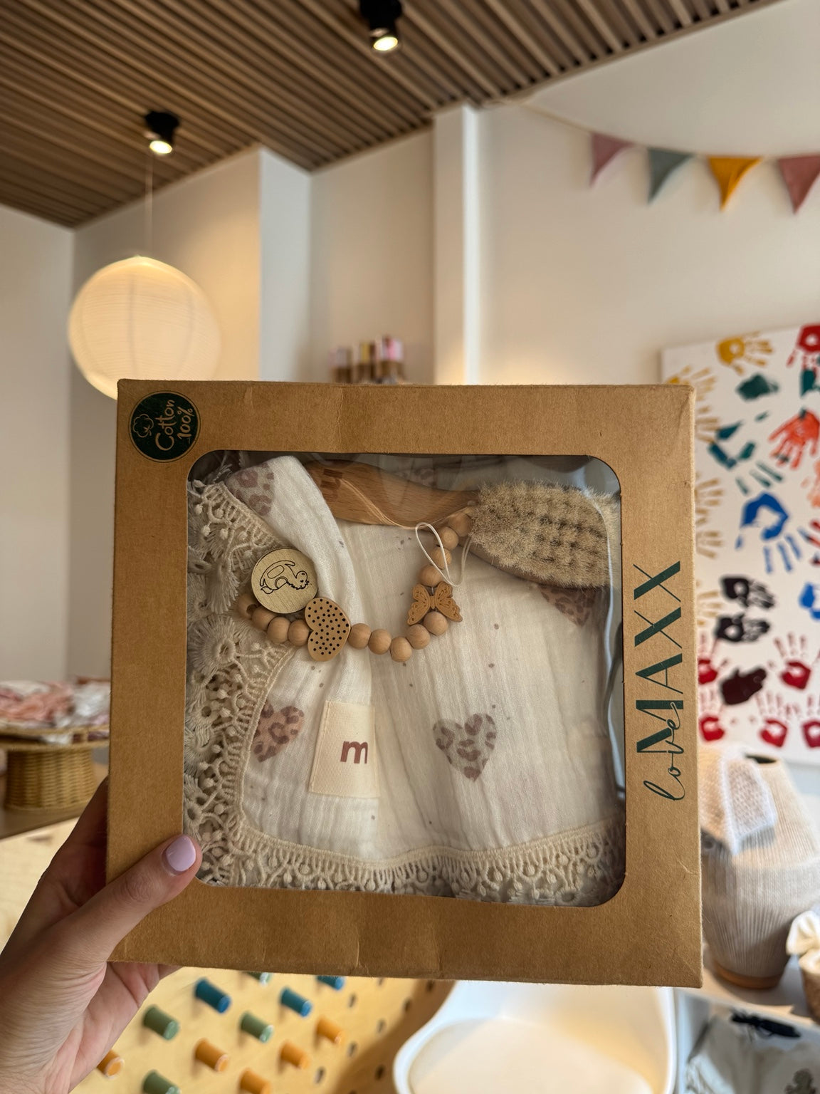 BabyGirl GiftBox Muslin Swaddle+Wooden Pacifier Holder+Wooden Brush