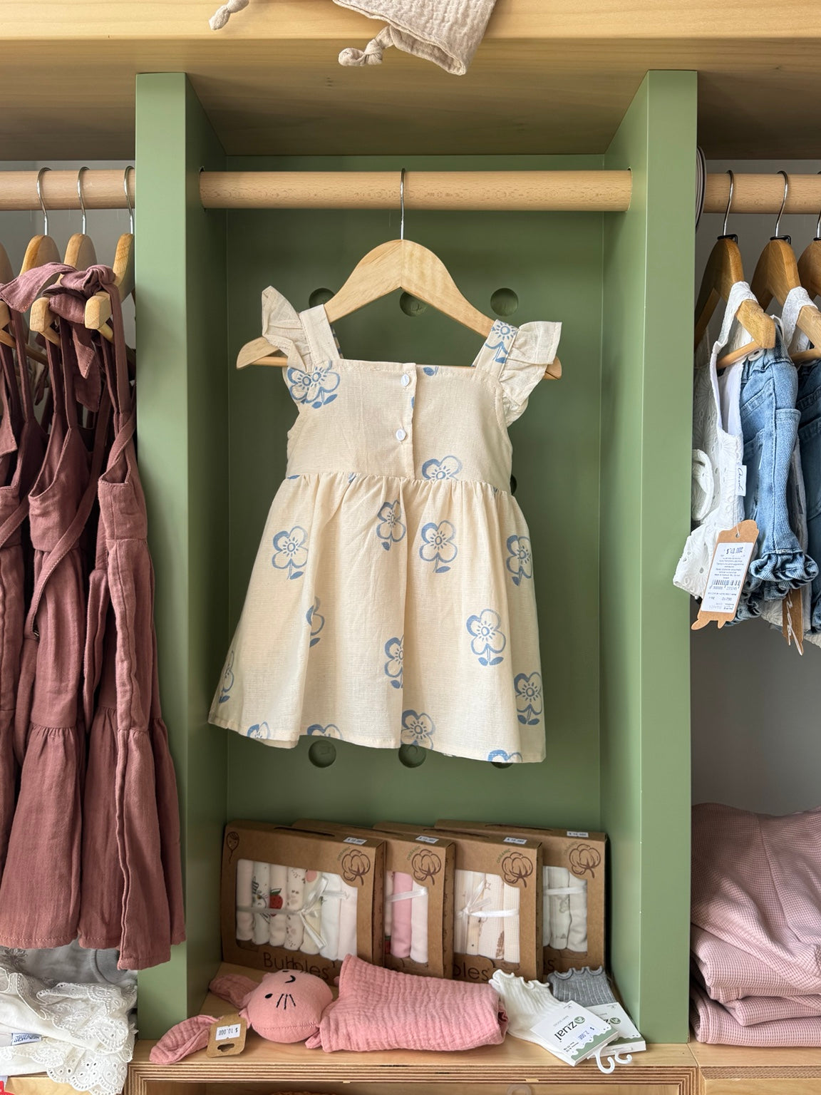 BabyGirl Beige/Blue Ribbon Dress - back