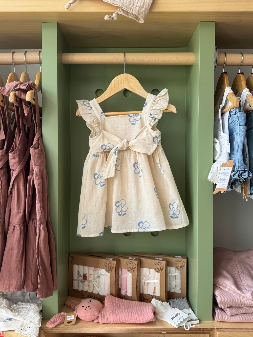 BabyGirl Beige/Blue Ribbon Dress - front