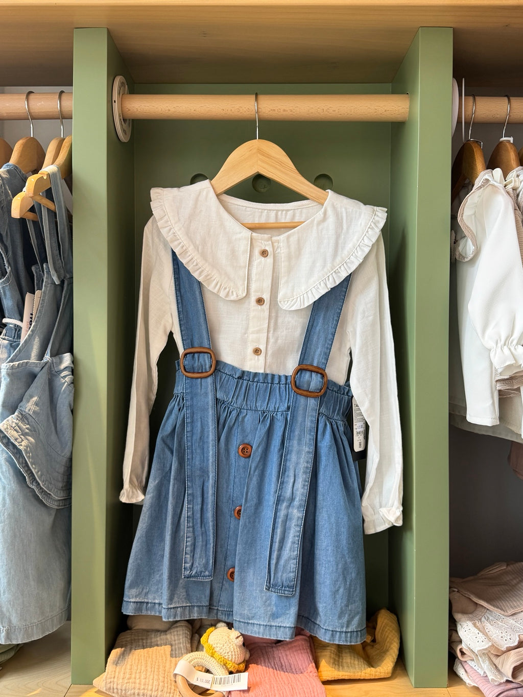 Girl denim salopette skirt set front