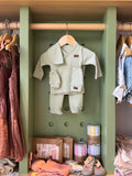 Newborn BabyBoy 2pcs Mint Cotton Set + Bib + Hat + Gloves - front